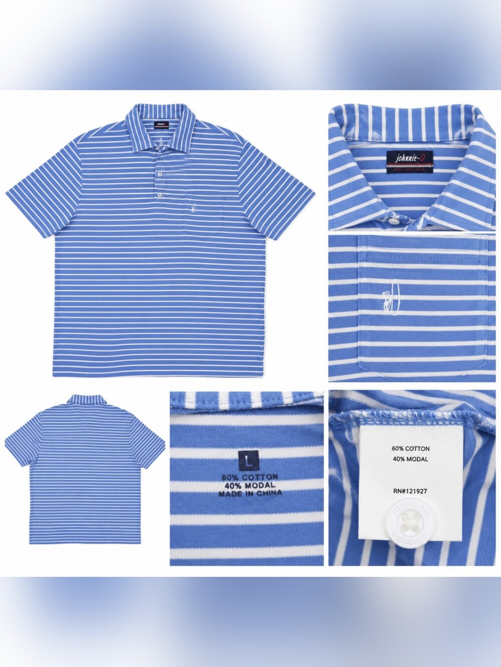 Johnnie-O Blue White Striped Polo Shirt Men's Large L Cotton Modal Pocket Golf.